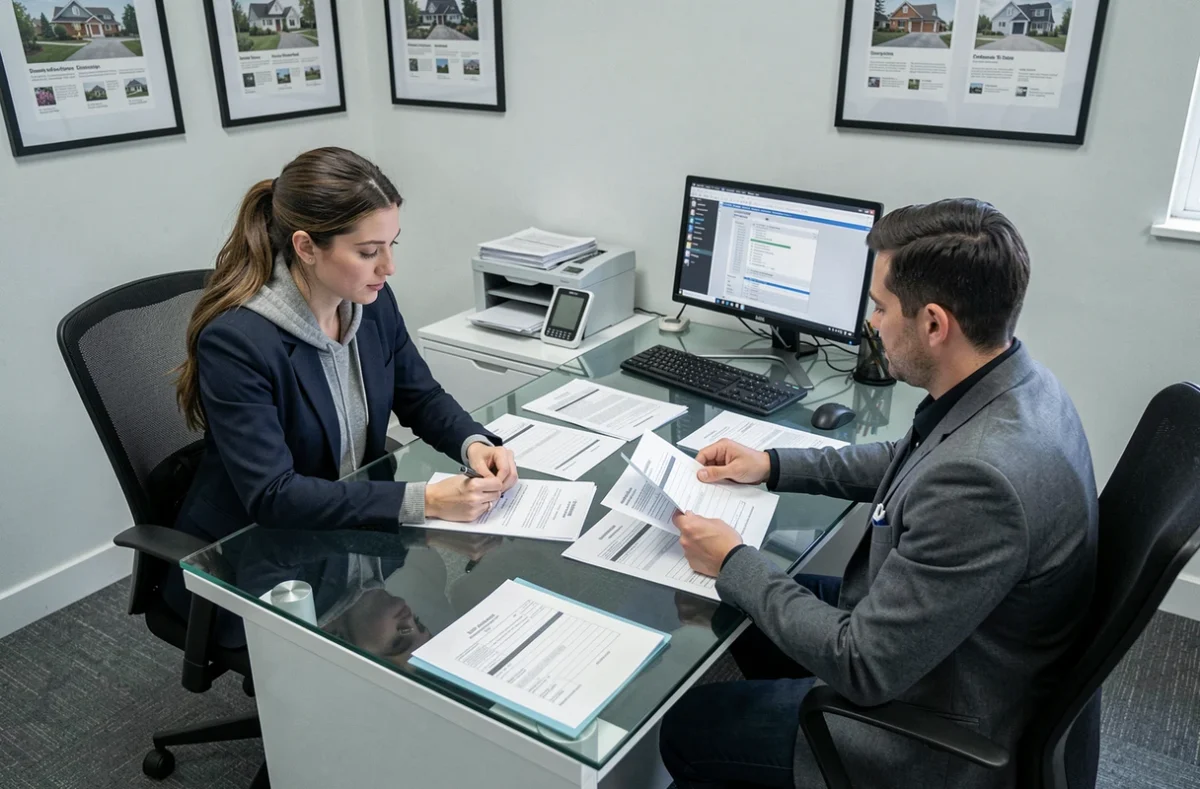 Couple rencontrant un agent immobilier pour présenter leur dossier de location d'appartement