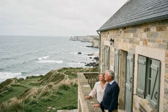 Couple de retraités devant une maison en bord de mer en Normandie avec vue sur les falaises et l'océan