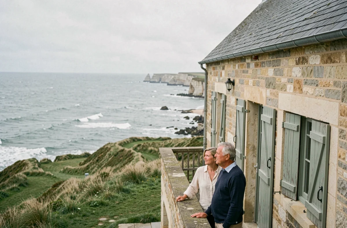 Couple de retraités devant une maison en bord de mer en Normandie avec vue sur les falaises et l'océan
