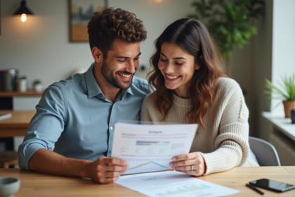 Jeune couple souriant examinant des documents financiers