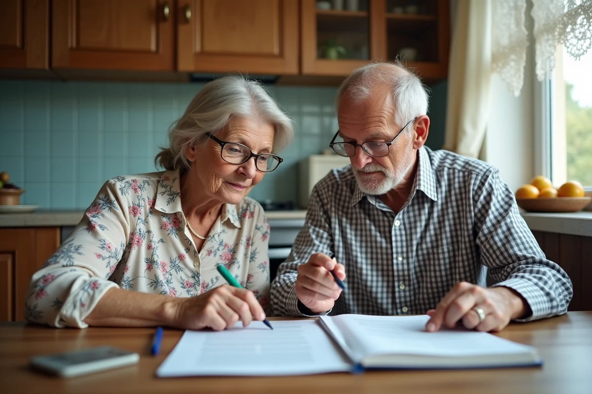 Couple de seniors consultant des documents juridiques sur la protection du conjoint survivant en indivision