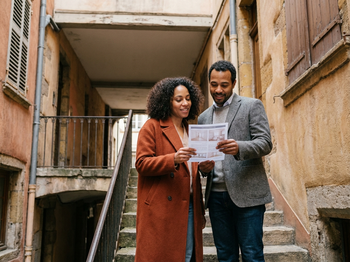 Couple visitant un bien immobilier dans le Vieux-Lyon avec un document de présentation de propriété