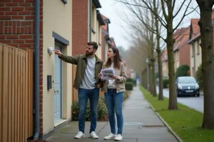Jeune couple examinant une maison mitoyenne avec garage intégré lors d'une visite immobilière dans un quartier résidentiel