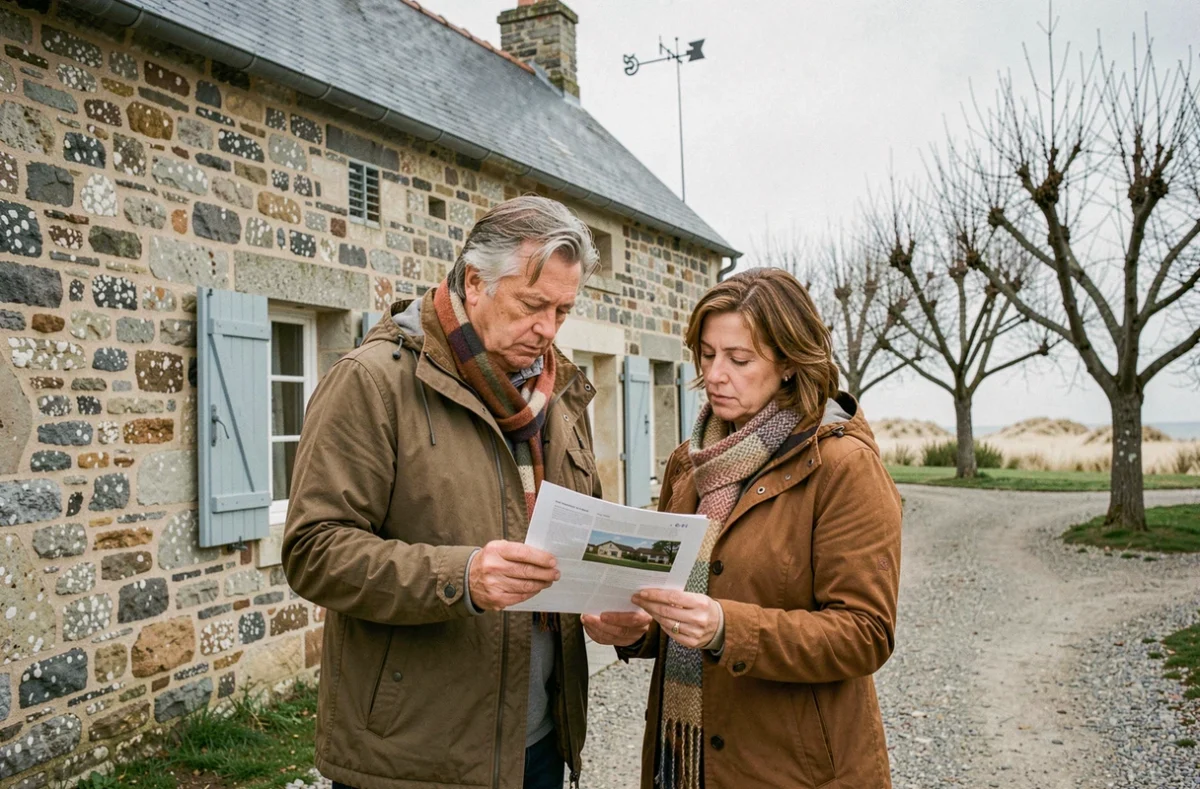 Couple visitant une maison normande en pierre à vendre près de la côte normande