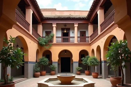 Cour intérieure d'un riad ancien à vendre au Maroc avec fontaine en zellige fissuré et balcons en bois sculpté