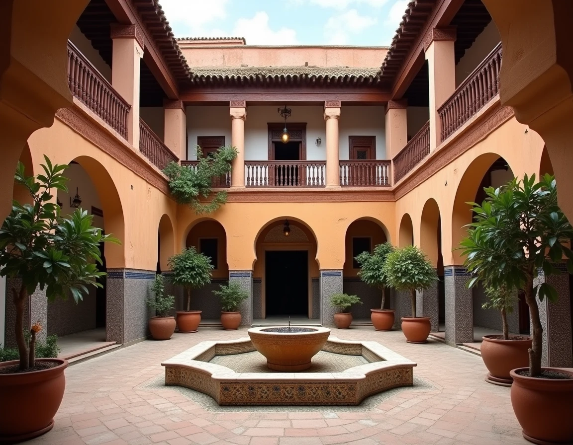 Cour intérieure d'un riad ancien à vendre au Maroc avec fontaine en zellige fissuré et balcons en bois sculpté