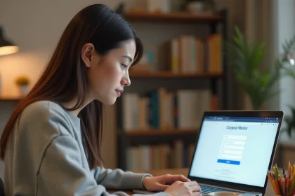 Jeune femme créant un compte en ligne sur un ordinateur portable dans un bureau à domicile moderne