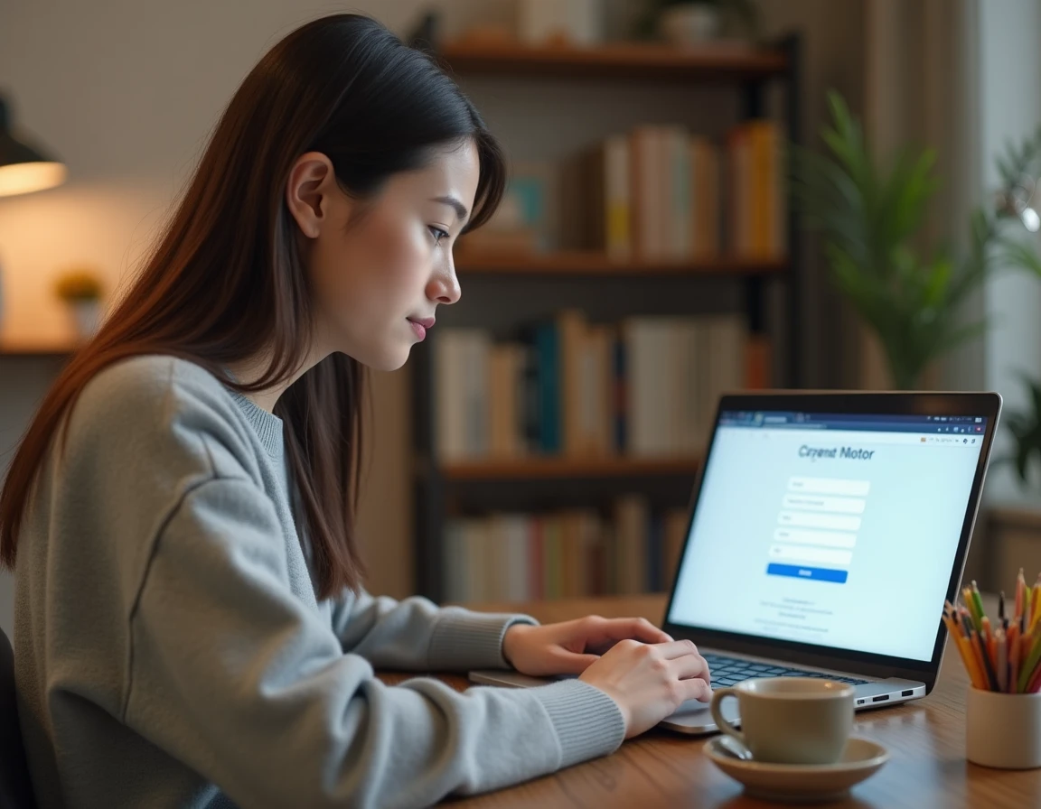 Jeune femme créant un compte en ligne sur un ordinateur portable dans un bureau à domicile moderne