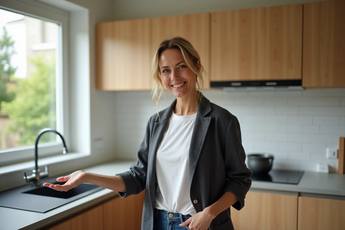 Propriétaire dans une cuisine rénovée avec placards en chêne illustrant la plus-value immobilière apportée par les travaux