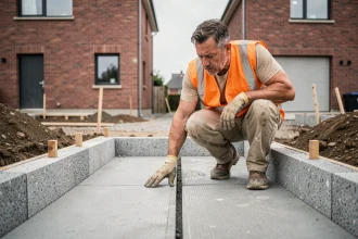 Ouvrier inspectant la dalle commune entre deux fondations de maisons mitoyennes par le garage sur un chantier résidentiel
