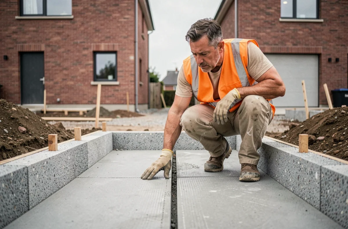 Ouvrier inspectant la dalle commune entre deux fondations de maisons mitoyennes par le garage sur un chantier résidentiel