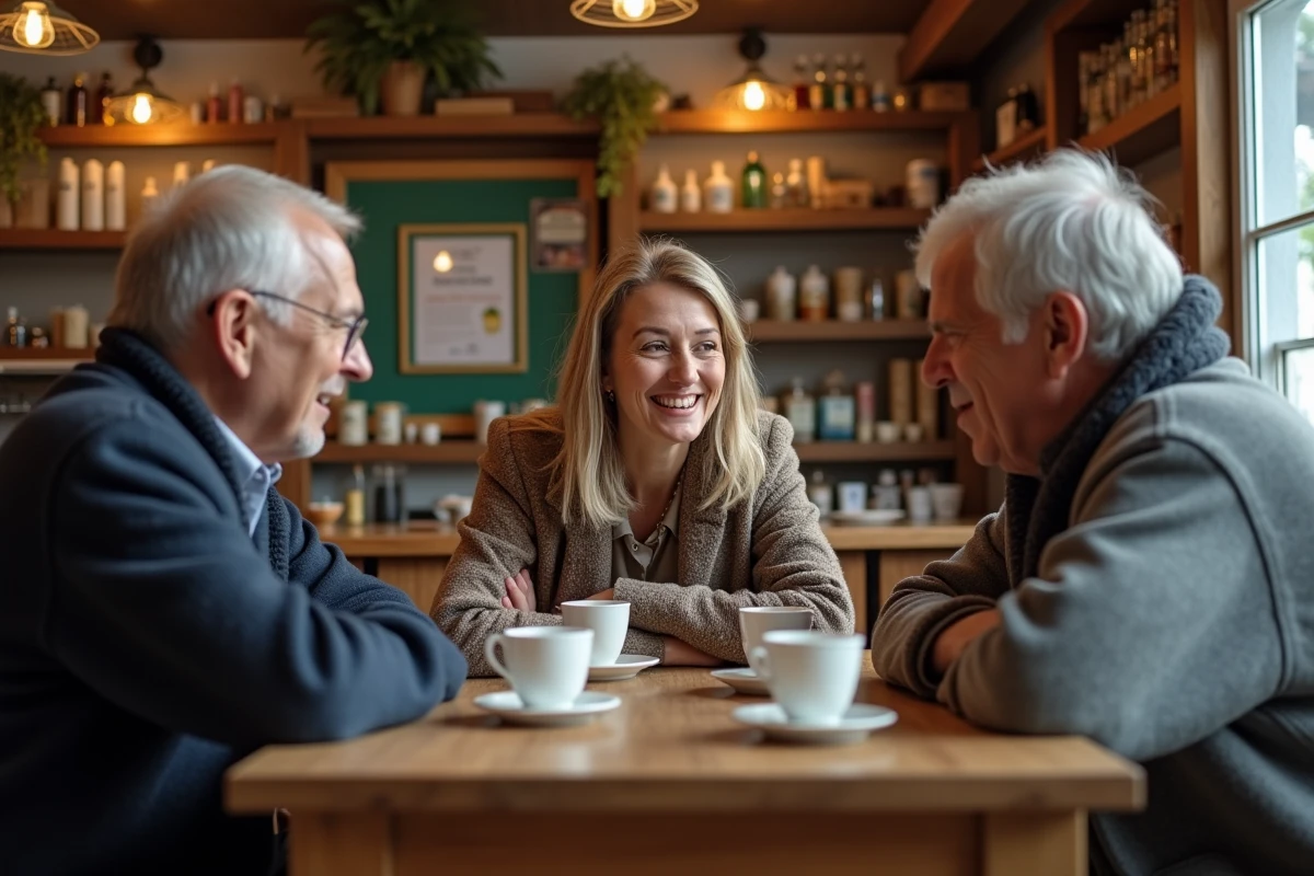 Discussion animée entre trois personnes dans un café convivial