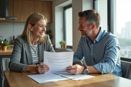 Couple en discussion sur un prêt immobilier dans une cuisine lumineuse