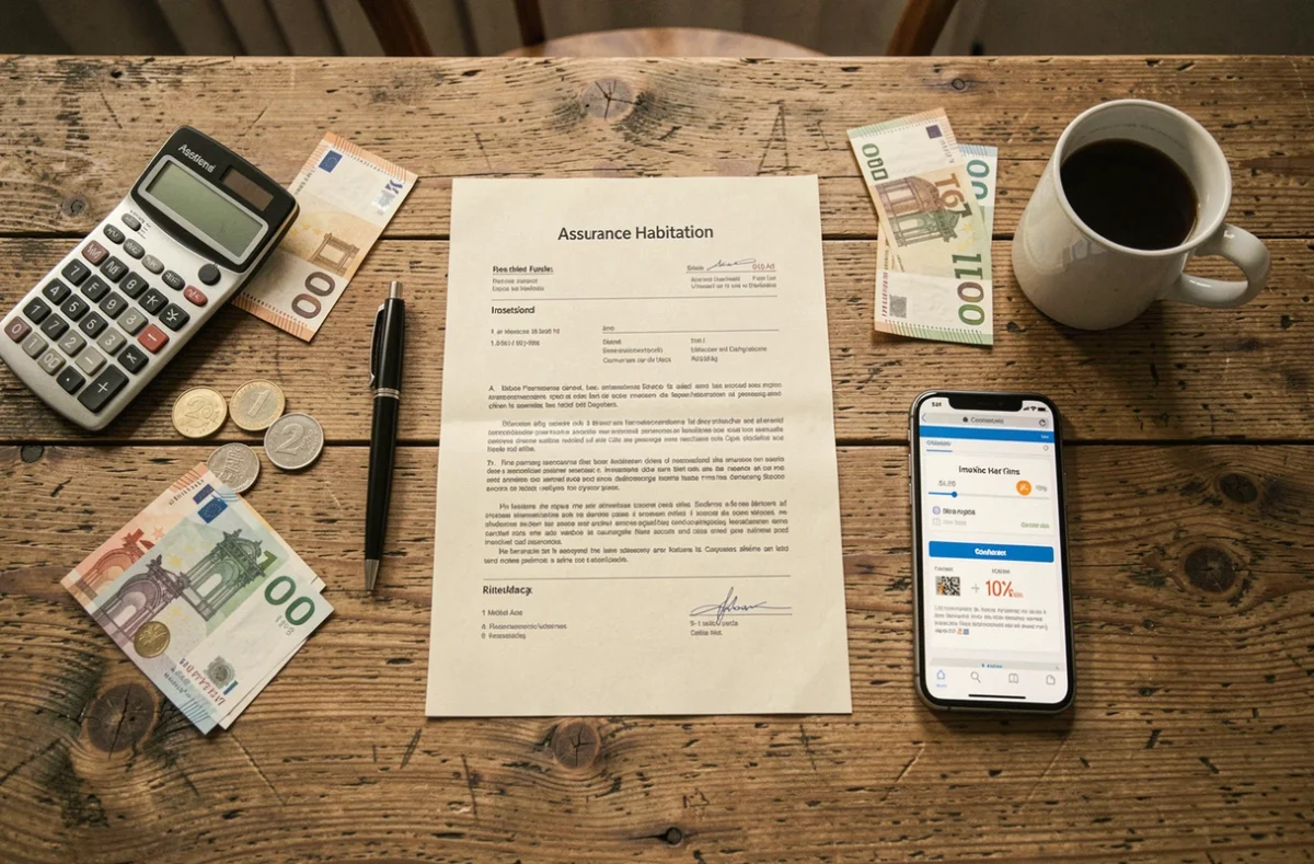 Documents d'assurance habitation, calculatrice et euros sur un bureau en bois pour budget à Valence