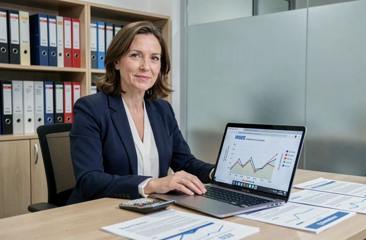 Économiste immobilière consultant l'évolution de l'indice INSEE du coût de la construction sur ordinateur portable
