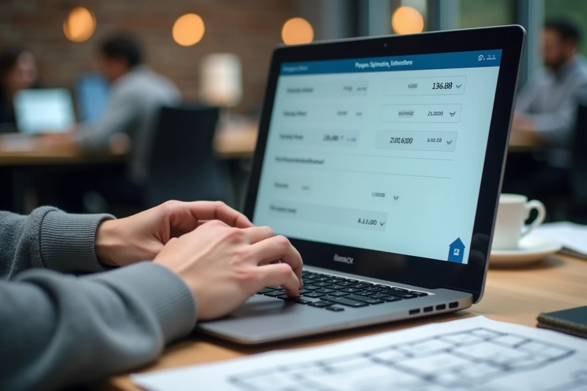 Gros plan sur un écran de logiciel immobilier affichant les paramètres de type de bien avec des mains sur le clavier