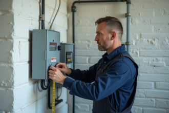 Électricien homme en tenue de travail vérifiant un compteur électrique