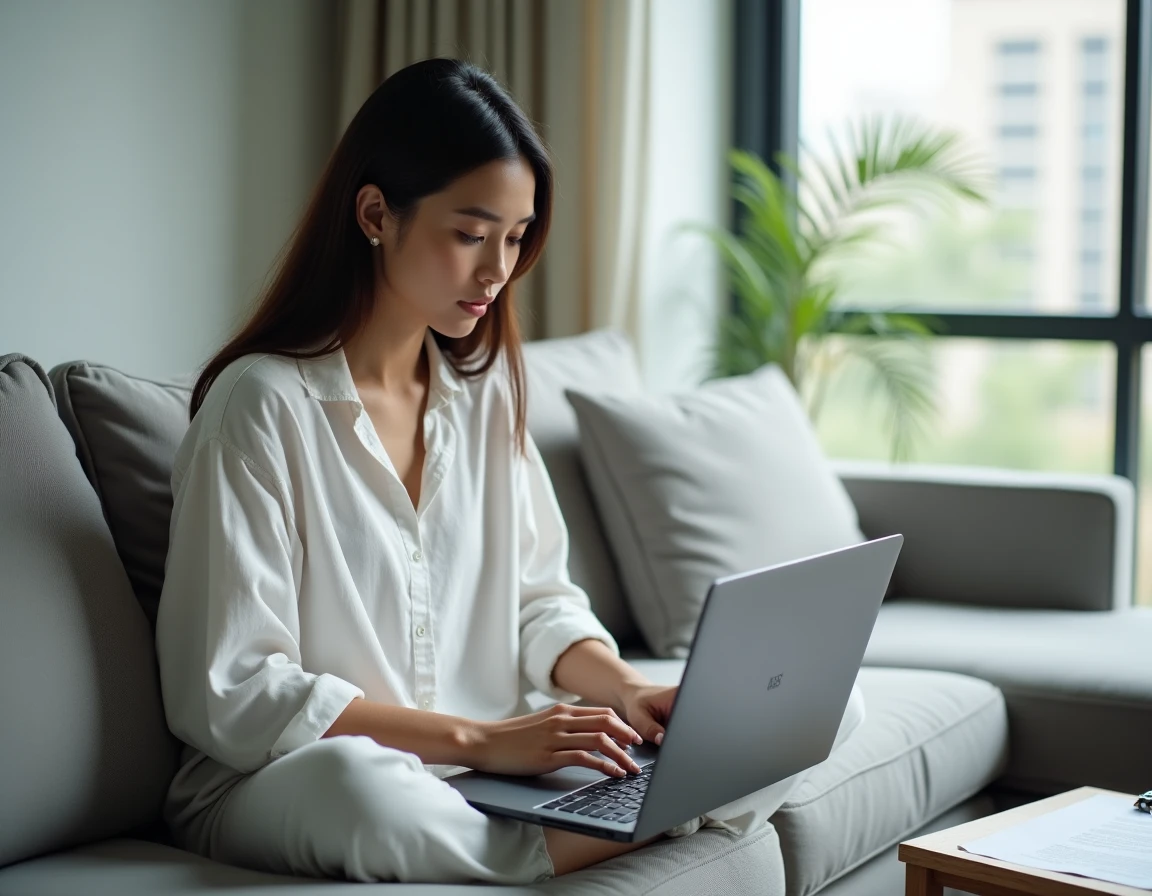 Jeune femme envoyant un email de préavis pour son logement depuis son canapé avec un ordinateur portable ouvert