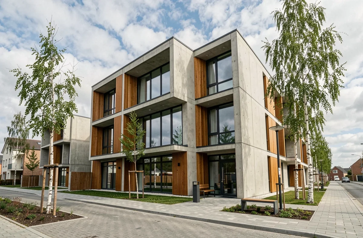 Projet immobilier architectural Emerige dans les Yvelines avec façade béton et bois contemporaine