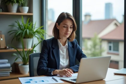 Agente immobilière analysant une estimation de bien sur son ordinateur portable dans un bureau moderne avec vue sur un quartier résidentiel