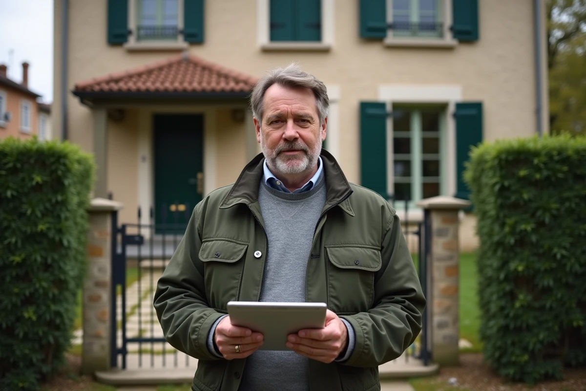Propriétaire devant une maison familiale à Lyon consultant une estimation de loyer sur une tablette