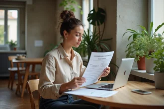 Jeune femme consultant une estimation de loyer pour un studio à Lyon sur un ordinateur portable