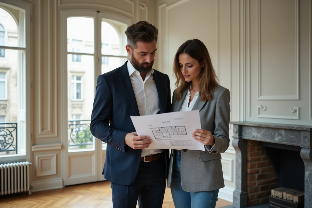 Couple étudiant une estimation de loyer pour un T2 dans un appartement haussmannien à Lyon