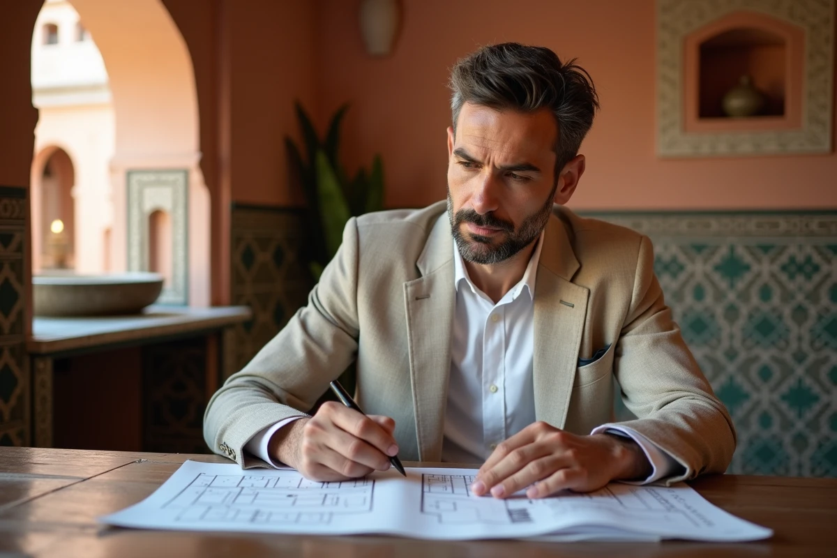 Agent immobilier marocain estimant le prix d'un appartement à Marrakech dans un bureau de style riad traditionnel