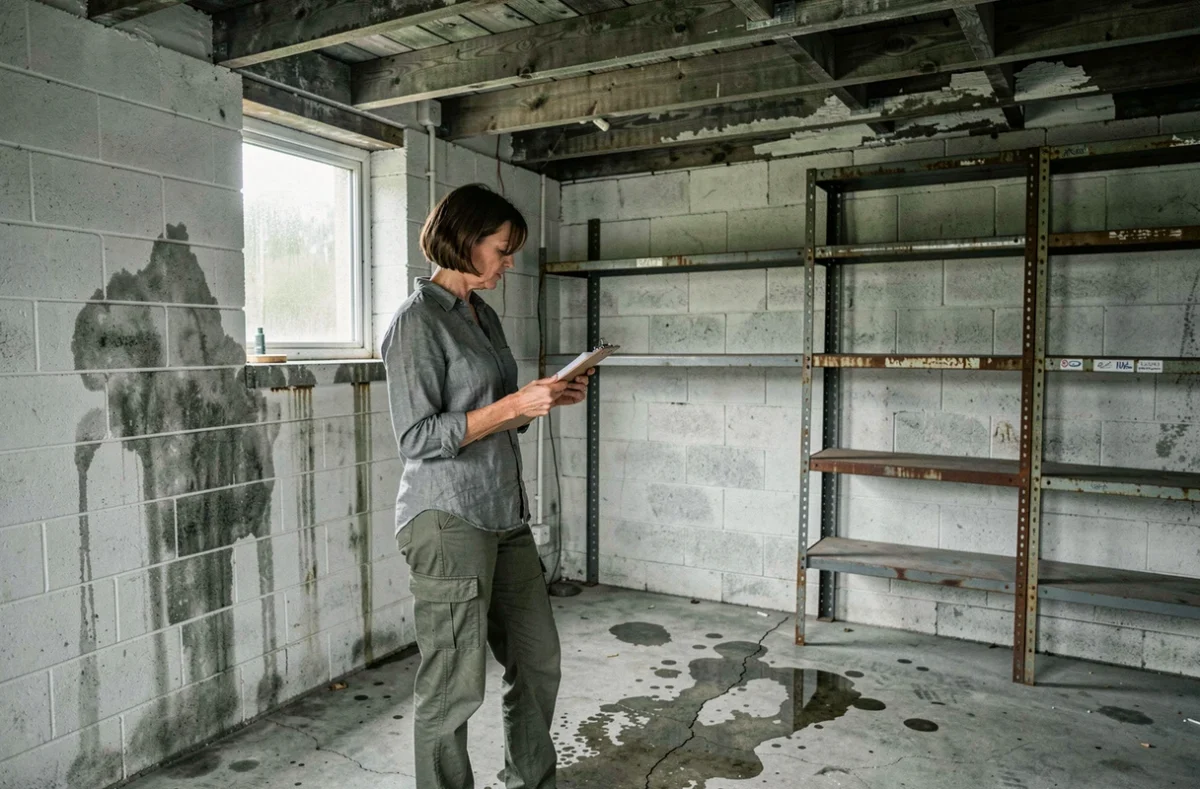 Femme évaluant l'état intérieur d'un vieux garage mitoyen avant rénovation et emménagement