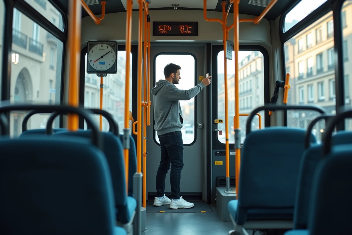 Étudiant montant dans un bus urbain à La Roche-sur-Yon, utilisant les transports en commun pour se déplacer sans voiture