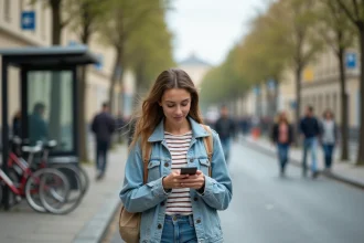 Étudiante se déplaçant à pied dans les rues de La Roche-sur-Yon avec un sac à dos, illustrant la vie sans voiture en ville