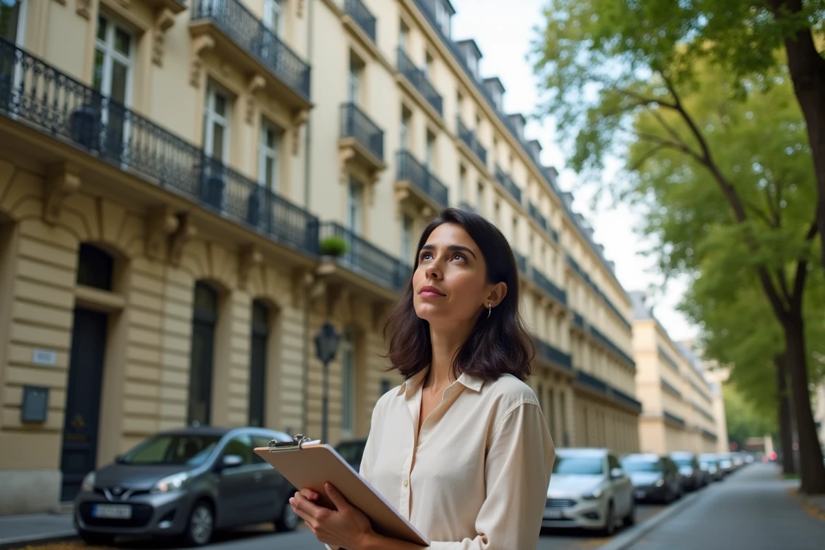 Investisseuse immobilière évaluant un immeuble de rapport haussmannien depuis le trottoir avec un clipboard