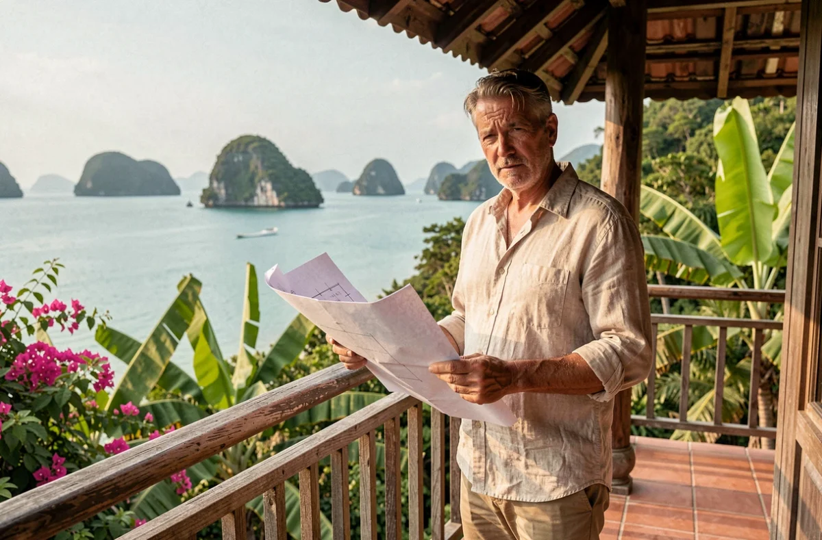 Expatrié français examineant des plans immobiliers sur la terrasse d'une maison en bois thaïlandaise avec vue sur la mer