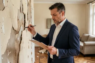 Expert en assurance habitation inspectant des dégâts des eaux sur un mur intérieur lors d'une expertise sinistre