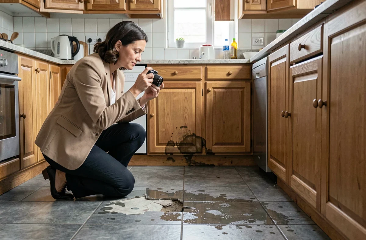 Experte en assurance photographiant des dégâts au sol d'une cuisine lors d'une procédure d'expertise habitation