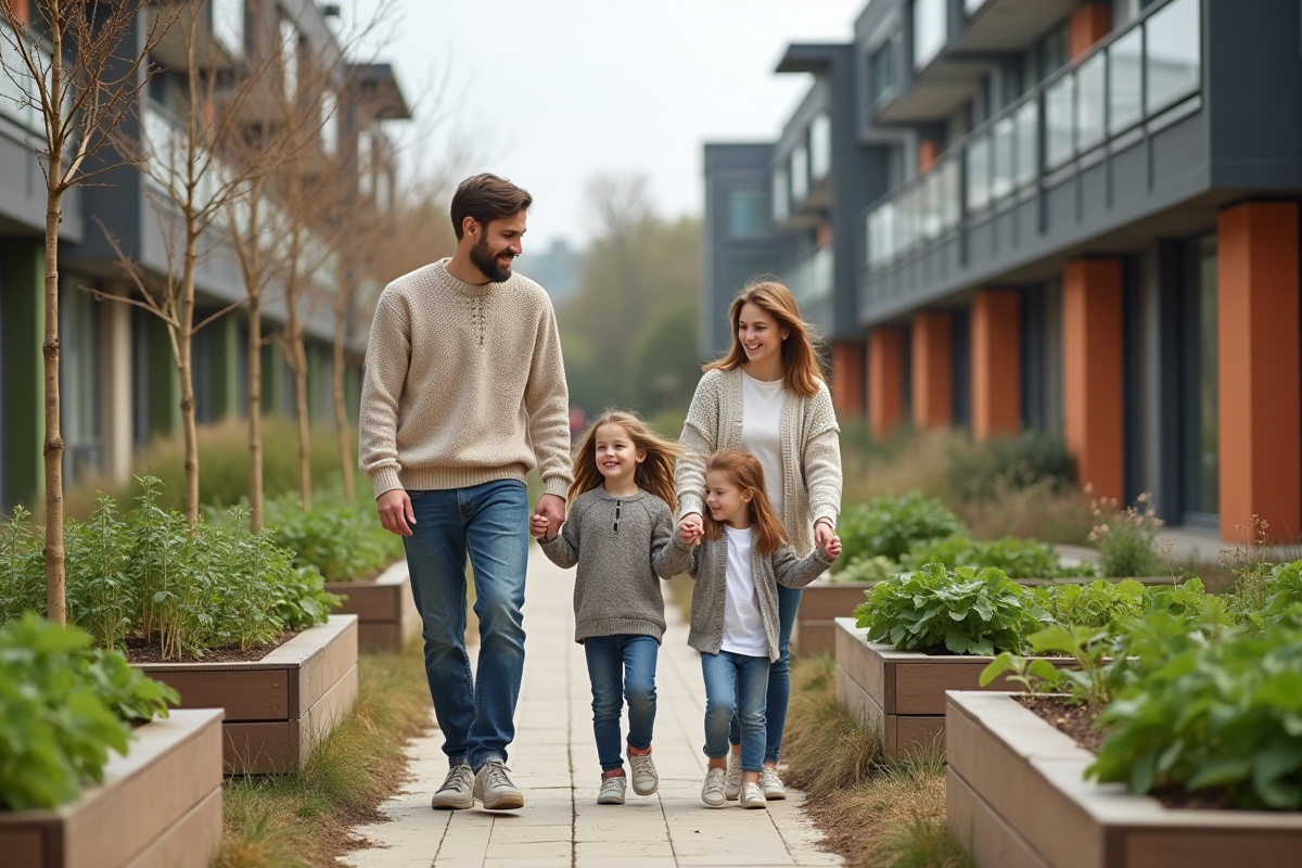 Famille dans un jardin communautaire moderne