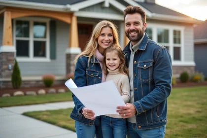 Famille souriante devant leur maison neuve avec clé et plan