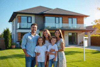 Famille heureuse devant une maison moderne à vendre