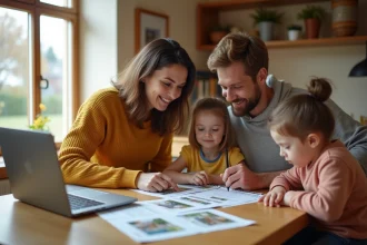 Famille réunie autour d'une table pour chercher un logement adapté sur des annonces imprimées et un ordinateur portable