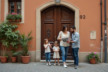 Famille visitant un immeuble lyonnais typique avec traboule, accompagnée d'un agent immobilier à Lyon