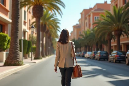 Professionnelle active marchant sur un boulevard du quartier Fabron à Nice, entourée d'immeubles méditerranéens aux façades ocre