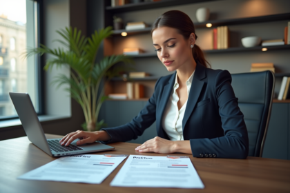 Femme d'affaires regardant des documents de prêt