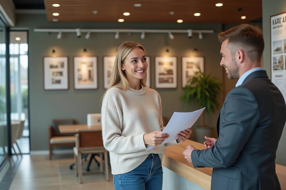 Jeune femme discutant avec un conseiller immobilier dans une agence
