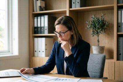 Une femme d'âge mûr analyse des documents financiers liés aux SCPI de santé dans un bureau à domicile moderne
