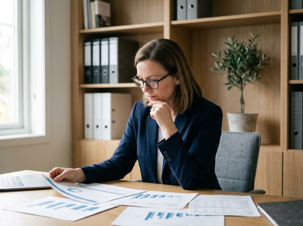 Une femme d'âge mûr analyse des documents financiers liés aux SCPI de santé dans un bureau à domicile moderne