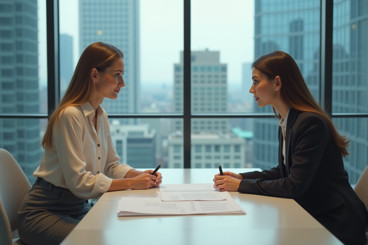 Femme avocat et cliente examinant un contrat dans un bureau moderne