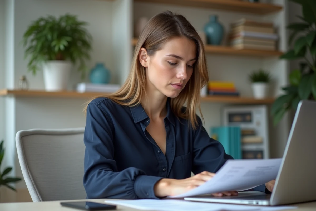 Jeune femme concentrée travaillant sur son ordinateur dans un bureau lumineux