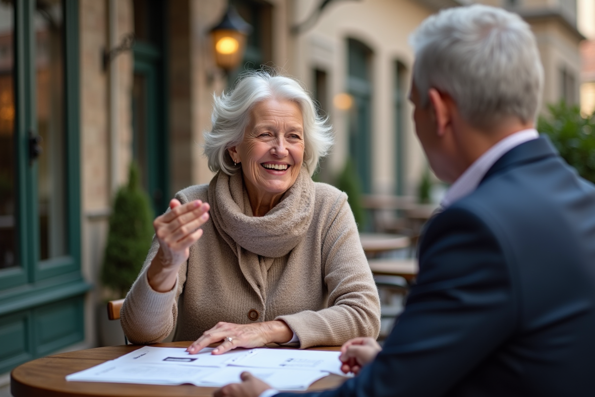 Femme senior souriante discutant au café avec agent immobilier
