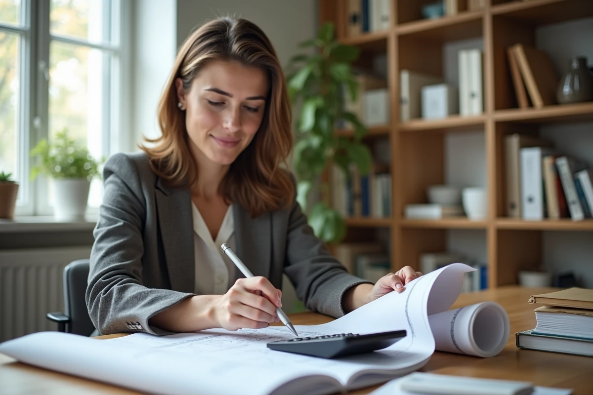 Jeune femme au bureau calculant des mesures en intérieur
