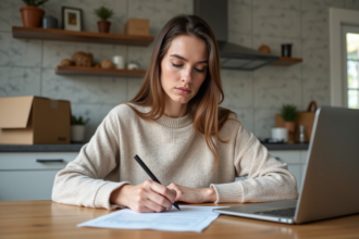 Femme remplissant un formulaire de changement d'adresse à la maison